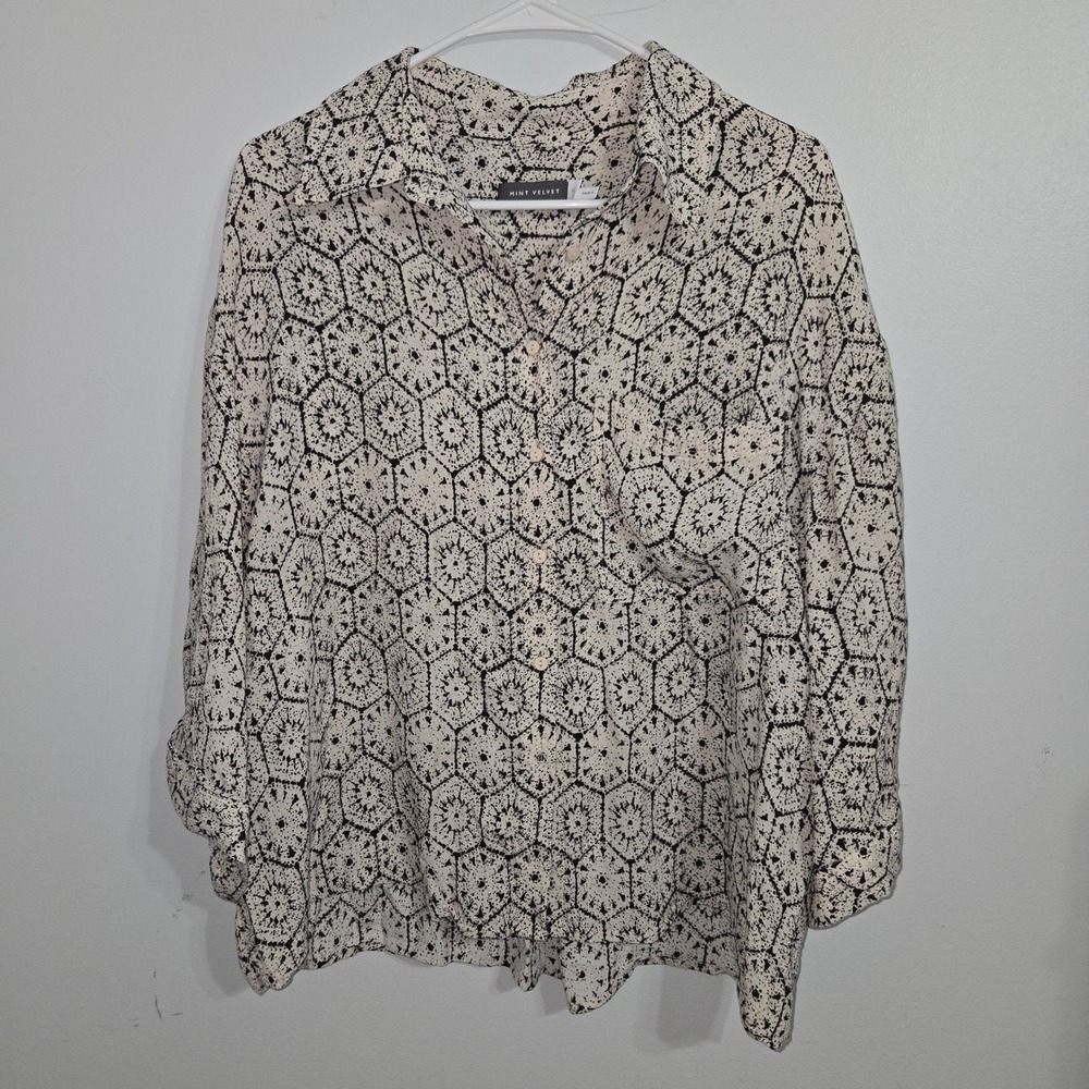 M#96 Mint Velvet Women's XL Black‎ & Cream Patterned Blouse w/ Buttons Top